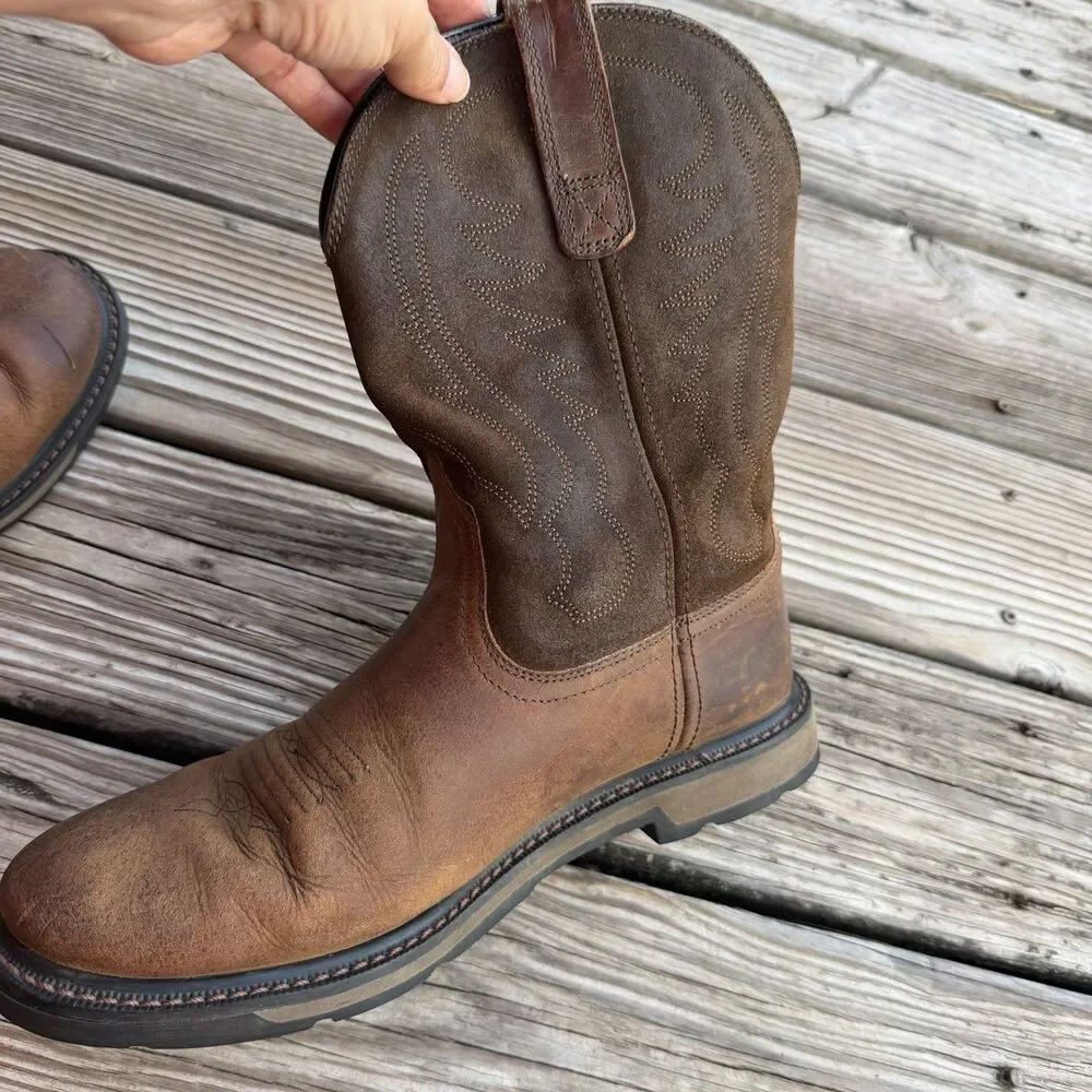 Ariat Groundbreaker Mens Pull On Work Boots Leather Distres Brown Size 10EE Wide